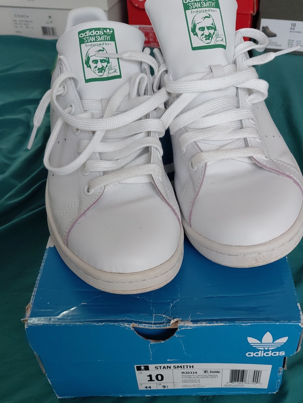 adidas Mens White Sneakers with Green Tongue Logo